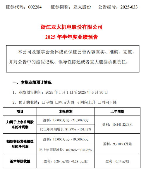 亚太股份2025年上半年业绩预告公告。
